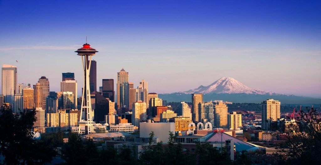 Seattle skyline and Space Needle with Mount Rainier in the distance