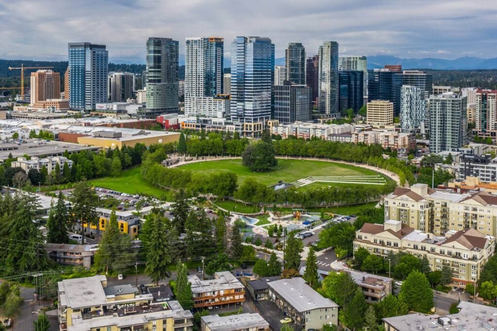 Downtown Bellevue Washington high-rise buildings surrounded by green trees