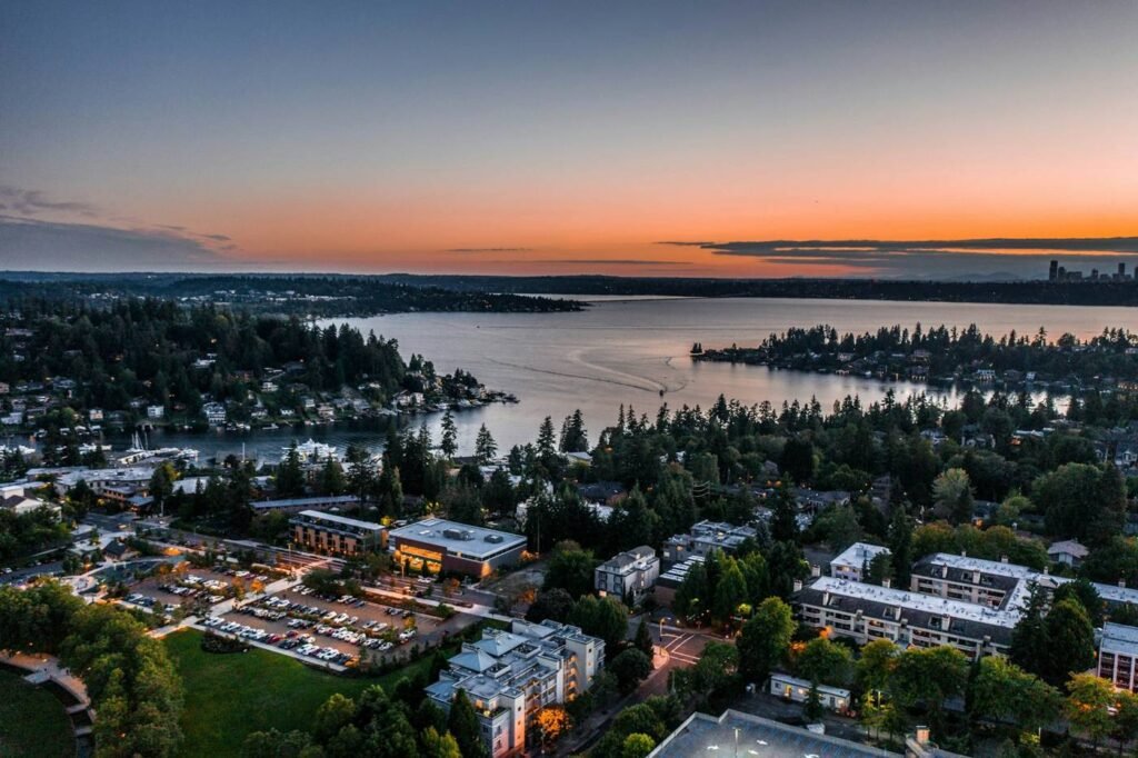 Aerial view of Bellevue Washington neighborhoods next to Lake Washington