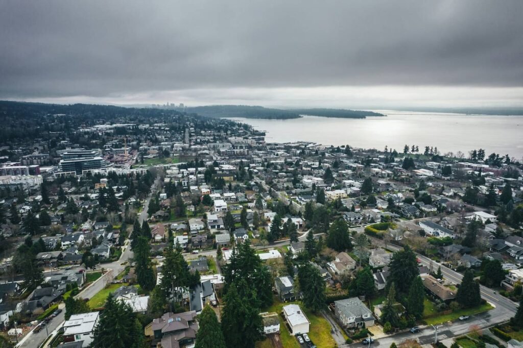 Aerial view of Kirkland Washington neighborhoods along Lake Washington
