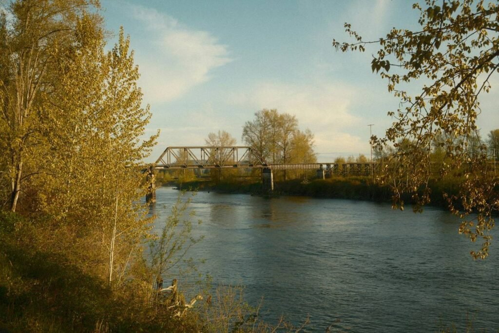 Truss bridge over a river surrounded by autumn trees in the Snohomish area