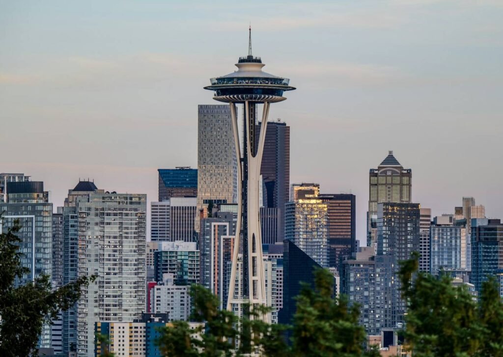 Seattle skyline and Space Needle at dusk