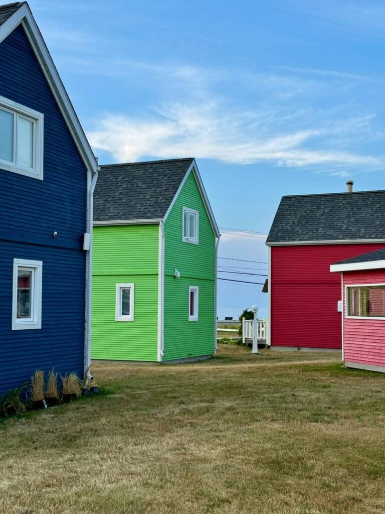 Row of colorful painted homes with green lawns