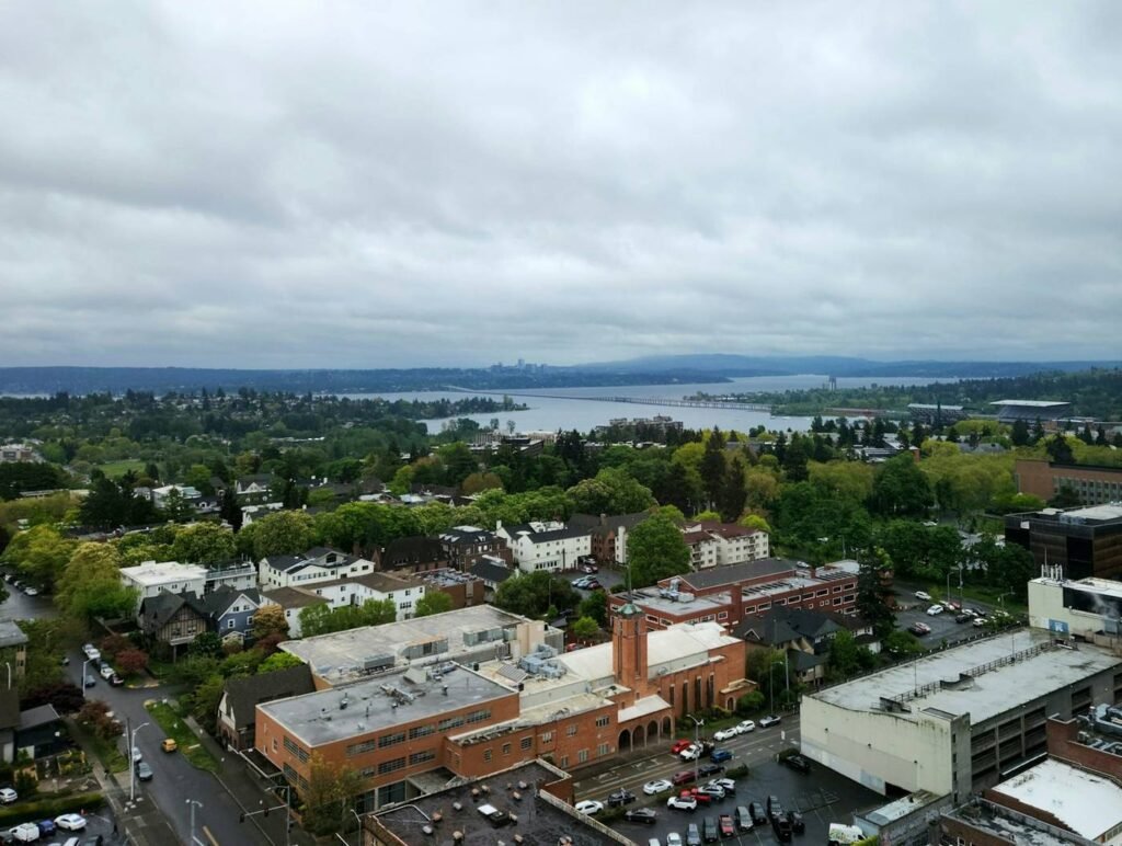 Aerial view of Seattle residential neighborhoods with a lake in the background